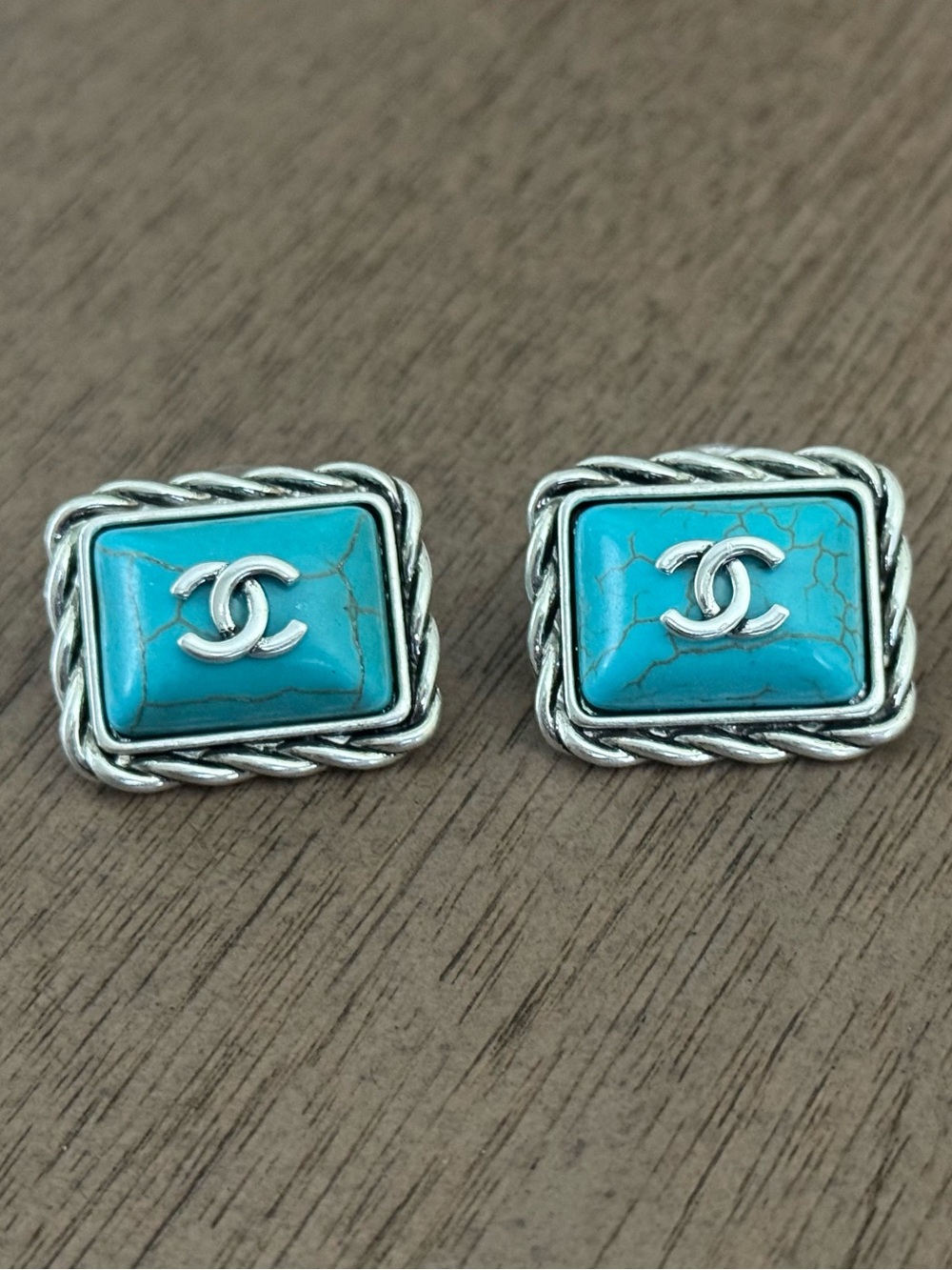 Upcycled Chanel Turquoise Silver-Tone CC Rectangle Earrings
